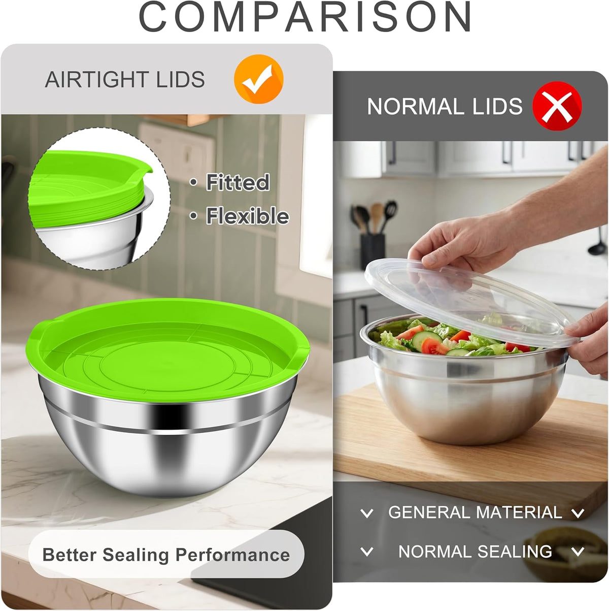 Mixing Bowls with Airtight Clear Lids, 6-Piece Nesting Bowls Set | Stainless Steel Salad Bowl for Cooking, Prepping, Baking, Serving & Food Storage, Size 4.6, 3, 1.5QT, Black