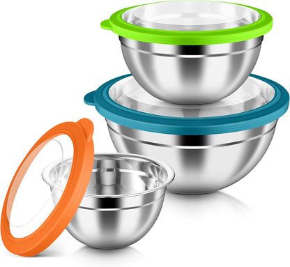 Mixing Bowls with Airtight Clear Lids, 6-Piece Nesting Bowls Set | Stainless Steel Salad Bowl for Cooking, Prepping, Baking, Serving & Food Storage, Size 4.6, 3, 1.5QT, Black