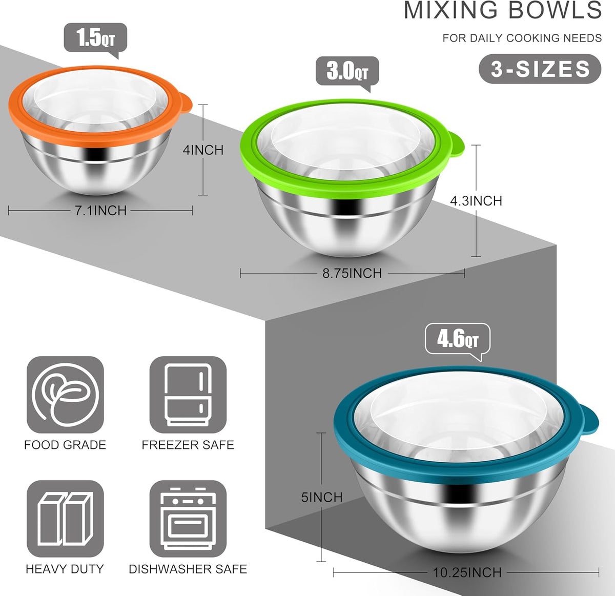 Mixing Bowls with Airtight Clear Lids, 6-Piece Nesting Bowls Set | Stainless Steel Salad Bowl for Cooking, Prepping, Baking, Serving & Food Storage, Size 4.6, 3, 1.5QT, Black
