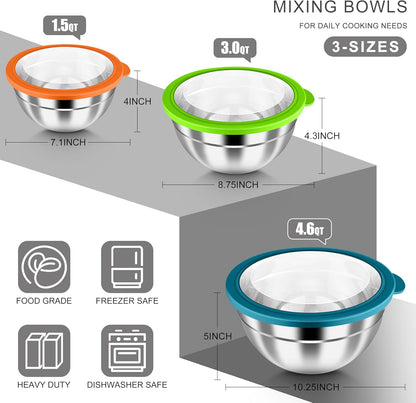 Mixing Bowls with Airtight Clear Lids, 6-Piece Nesting Bowls Set | Stainless Steel Salad Bowl for Cooking, Prepping, Baking, Serving & Food Storage, Size 4.6, 3, 1.5QT, Black