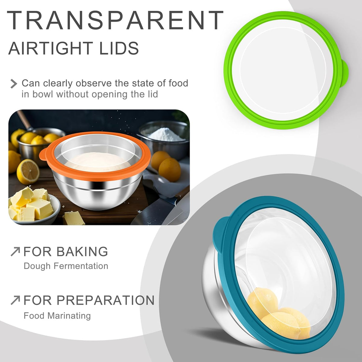 Mixing Bowls with Airtight Clear Lids, 6-Piece Nesting Bowls Set | Stainless Steel Salad Bowl for Cooking, Prepping, Baking, Serving & Food Storage, Size 4.6, 3, 1.5QT, Black