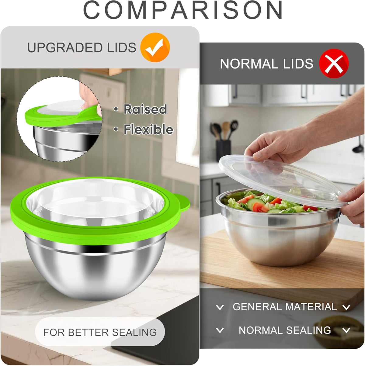 Mixing Bowls with Airtight Clear Lids, 6-Piece Nesting Bowls Set | Stainless Steel Salad Bowl for Cooking, Prepping, Baking, Serving & Food Storage, Size 4.6, 3, 1.5QT, Black