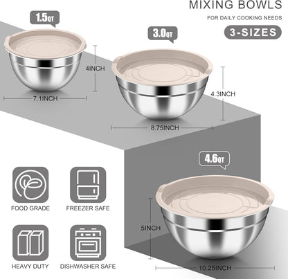 Mixing Bowls with Airtight Clear Lids, 6-Piece Nesting Bowls Set | Stainless Steel Salad Bowl for Cooking, Prepping, Baking, Serving & Food Storage, Size 4.6, 3, 1.5QT, Black