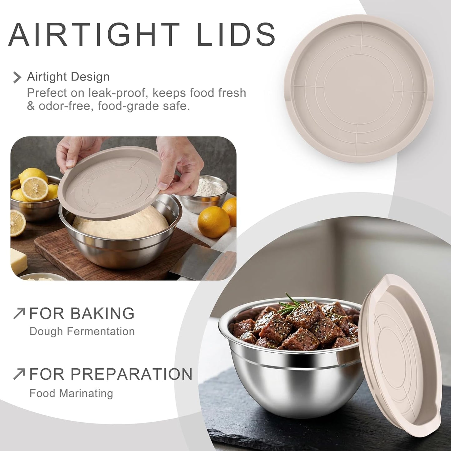 Mixing Bowls with Airtight Clear Lids, 6-Piece Nesting Bowls Set | Stainless Steel Salad Bowl for Cooking, Prepping, Baking, Serving & Food Storage, Size 4.6, 3, 1.5QT, Black