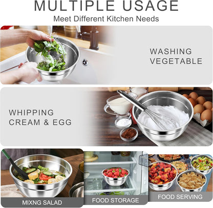 Mixing Bowls with Airtight Clear Lids, 6-Piece Nesting Bowls Set | Stainless Steel Salad Bowl for Cooking, Prepping, Baking, Serving & Food Storage, Size 4.6, 3, 1.5QT, Black