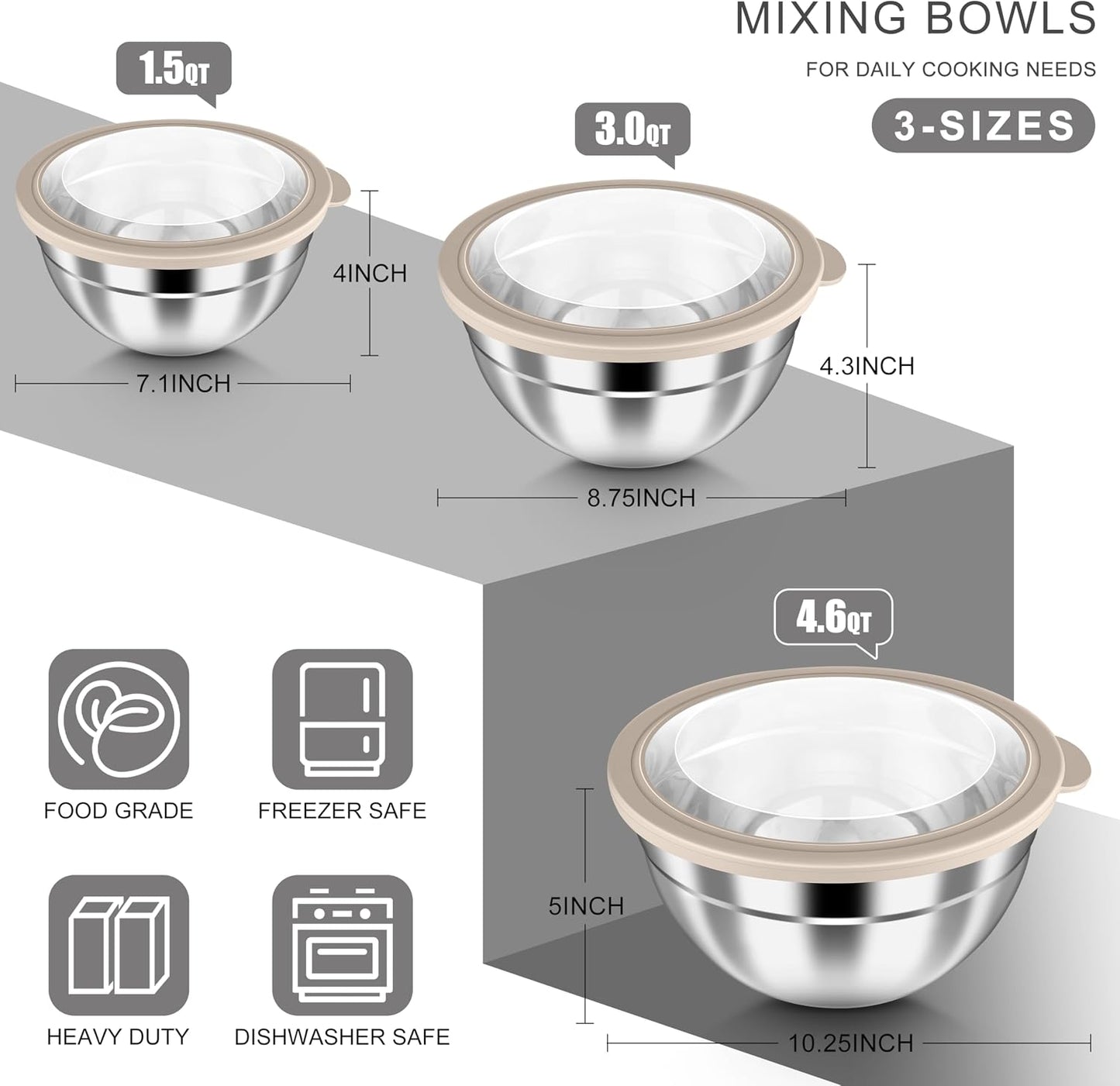 Mixing Bowls with Airtight Clear Lids, 6-Piece Nesting Bowls Set | Stainless Steel Salad Bowl for Cooking, Prepping, Baking, Serving & Food Storage, Size 4.6, 3, 1.5QT, Black