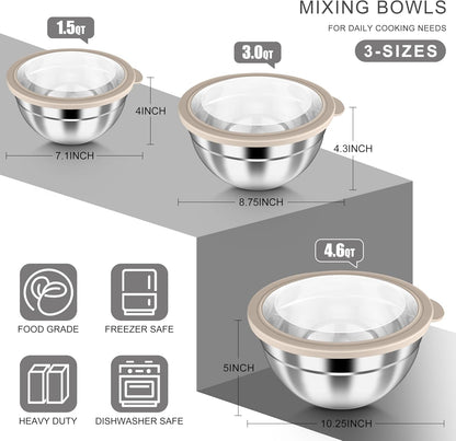 Mixing Bowls with Airtight Clear Lids, 6-Piece Nesting Bowls Set | Stainless Steel Salad Bowl for Cooking, Prepping, Baking, Serving & Food Storage, Size 4.6, 3, 1.5QT, Black