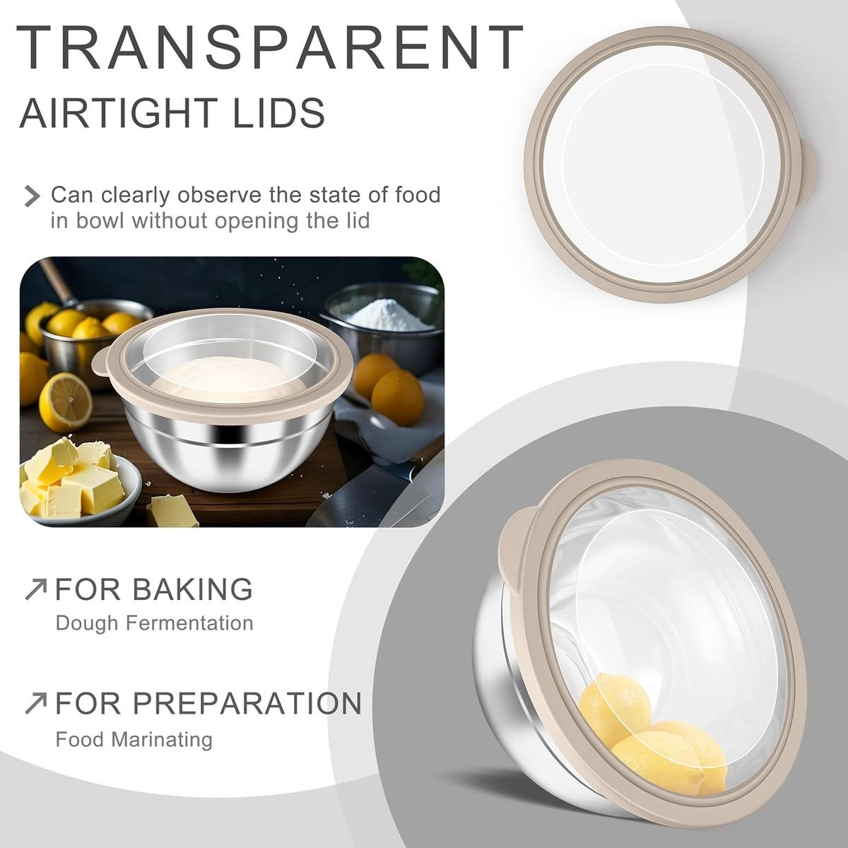 Mixing Bowls with Airtight Clear Lids, 6-Piece Nesting Bowls Set | Stainless Steel Salad Bowl for Cooking, Prepping, Baking, Serving & Food Storage, Size 4.6, 3, 1.5QT, Black