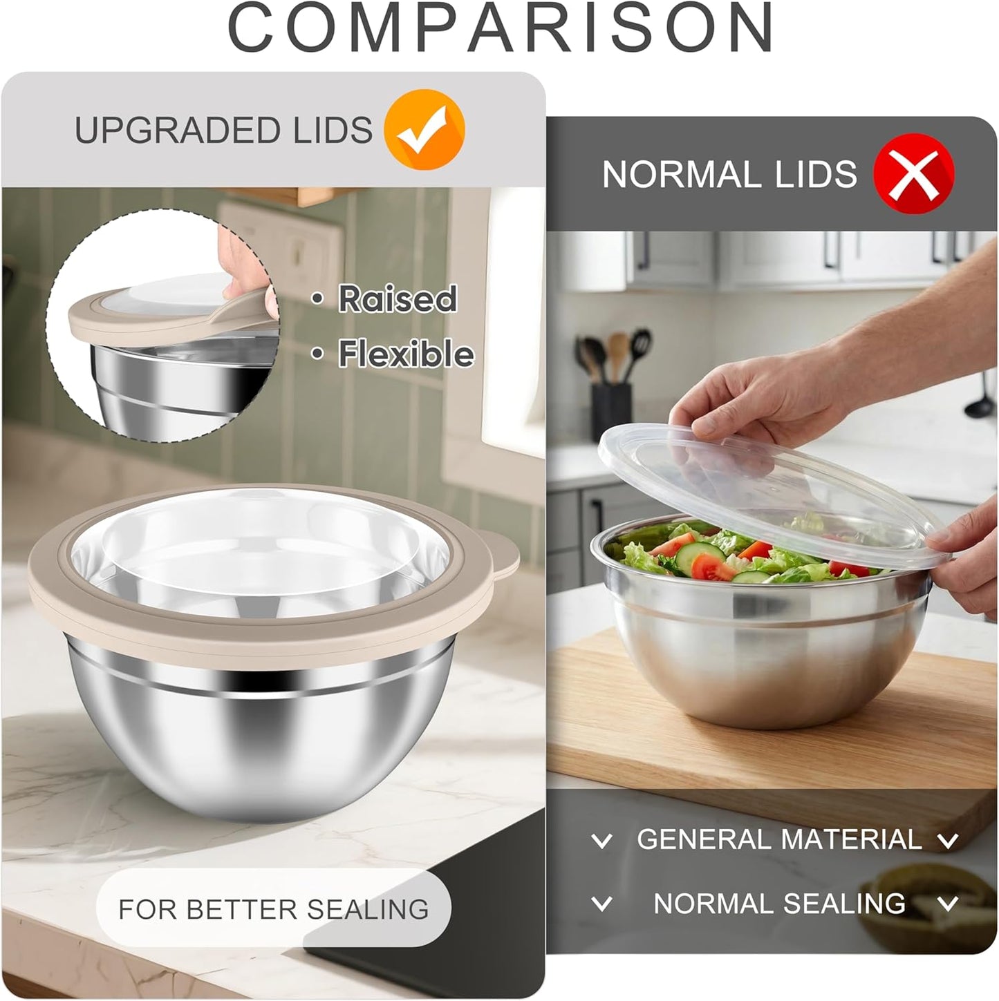 Mixing Bowls with Airtight Clear Lids, 6-Piece Nesting Bowls Set | Stainless Steel Salad Bowl for Cooking, Prepping, Baking, Serving & Food Storage, Size 4.6, 3, 1.5QT, Black