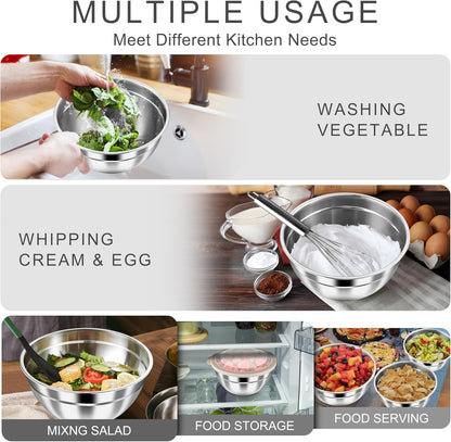 Mixing Bowls with Airtight Clear Lids, 6-Piece Nesting Bowls Set | Stainless Steel Salad Bowl for Cooking, Prepping, Baking, Serving & Food Storage, Size 4.6, 3, 1.5QT, Black