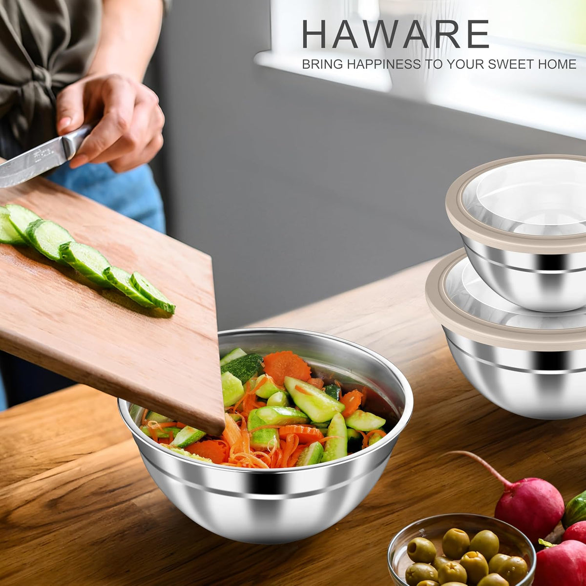 Mixing Bowls with Airtight Clear Lids, 6-Piece Nesting Bowls Set | Stainless Steel Salad Bowl for Cooking, Prepping, Baking, Serving & Food Storage, Size 4.6, 3, 1.5QT, Black