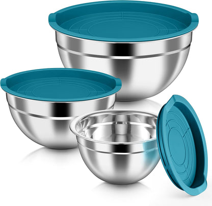 Mixing Bowls with Airtight Clear Lids, 6-Piece Nesting Bowls Set | Stainless Steel Salad Bowl for Cooking, Prepping, Baking, Serving & Food Storage, Size 4.6, 3, 1.5QT, Black