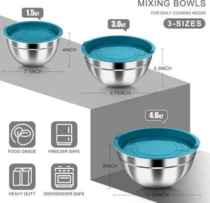 Mixing Bowls with Airtight Clear Lids, 6-Piece Nesting Bowls Set | Stainless Steel Salad Bowl for Cooking, Prepping, Baking, Serving & Food Storage, Size 4.6, 3, 1.5QT, Black