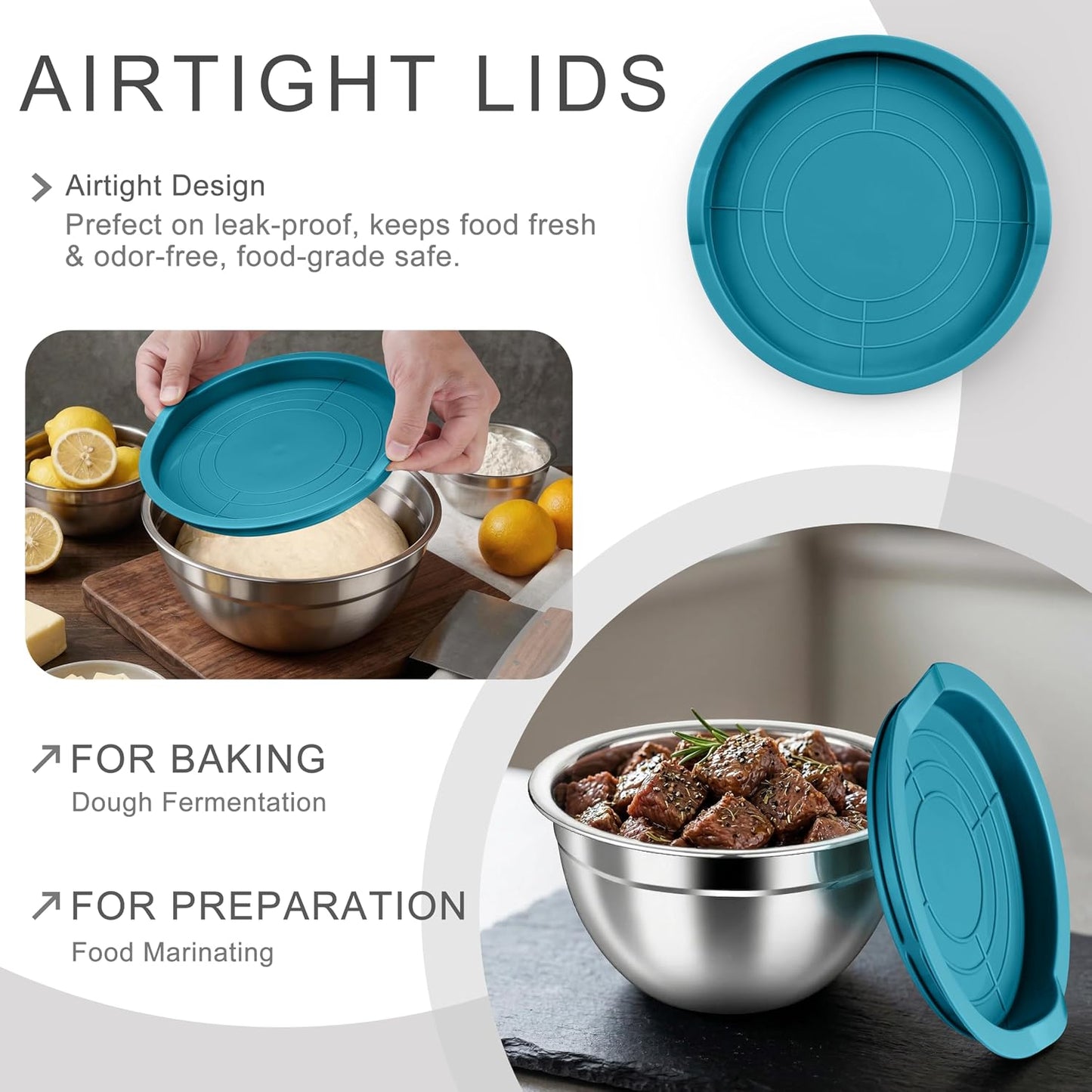 Mixing Bowls with Airtight Clear Lids, 6-Piece Nesting Bowls Set | Stainless Steel Salad Bowl for Cooking, Prepping, Baking, Serving & Food Storage, Size 4.6, 3, 1.5QT, Black