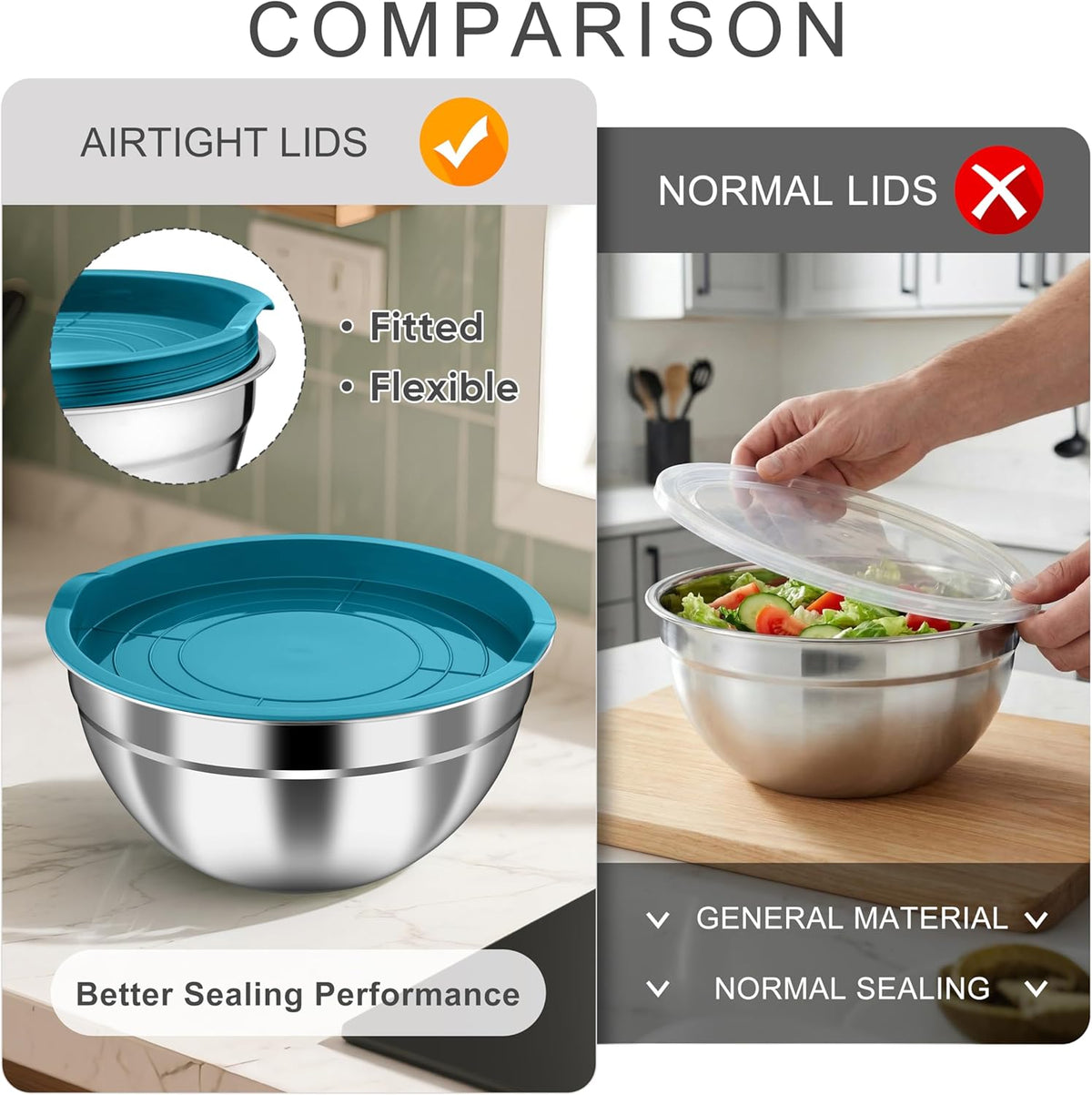 Mixing Bowls with Airtight Clear Lids, 6-Piece Nesting Bowls Set | Stainless Steel Salad Bowl for Cooking, Prepping, Baking, Serving & Food Storage, Size 4.6, 3, 1.5QT, Black
