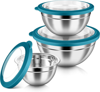 Mixing Bowls with Airtight Clear Lids, 6-Piece Nesting Bowls Set | Stainless Steel Salad Bowl for Cooking, Prepping, Baking, Serving & Food Storage, Size 4.6, 3, 1.5QT, Black