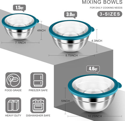 Mixing Bowls with Airtight Clear Lids, 6-Piece Nesting Bowls Set | Stainless Steel Salad Bowl for Cooking, Prepping, Baking, Serving & Food Storage, Size 4.6, 3, 1.5QT, Black