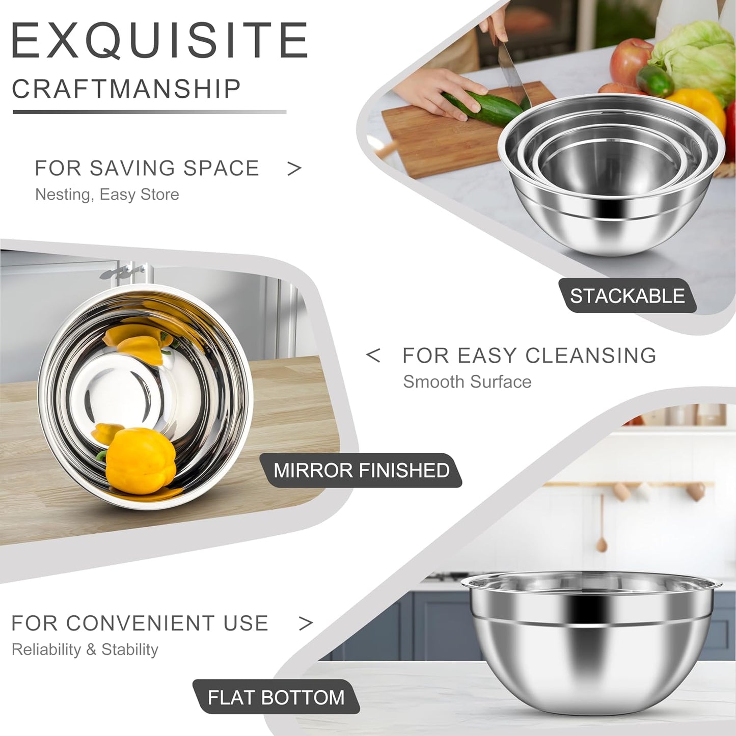 Mixing Bowls with Airtight Clear Lids, 6-Piece Nesting Bowls Set | Stainless Steel Salad Bowl for Cooking, Prepping, Baking, Serving & Food Storage, Size 4.6, 3, 1.5QT, Black