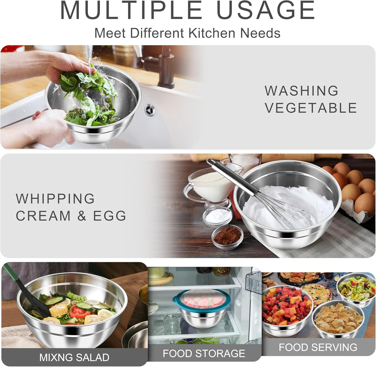Mixing Bowls with Airtight Clear Lids, 6-Piece Nesting Bowls Set | Stainless Steel Salad Bowl for Cooking, Prepping, Baking, Serving & Food Storage, Size 4.6, 3, 1.5QT, Black