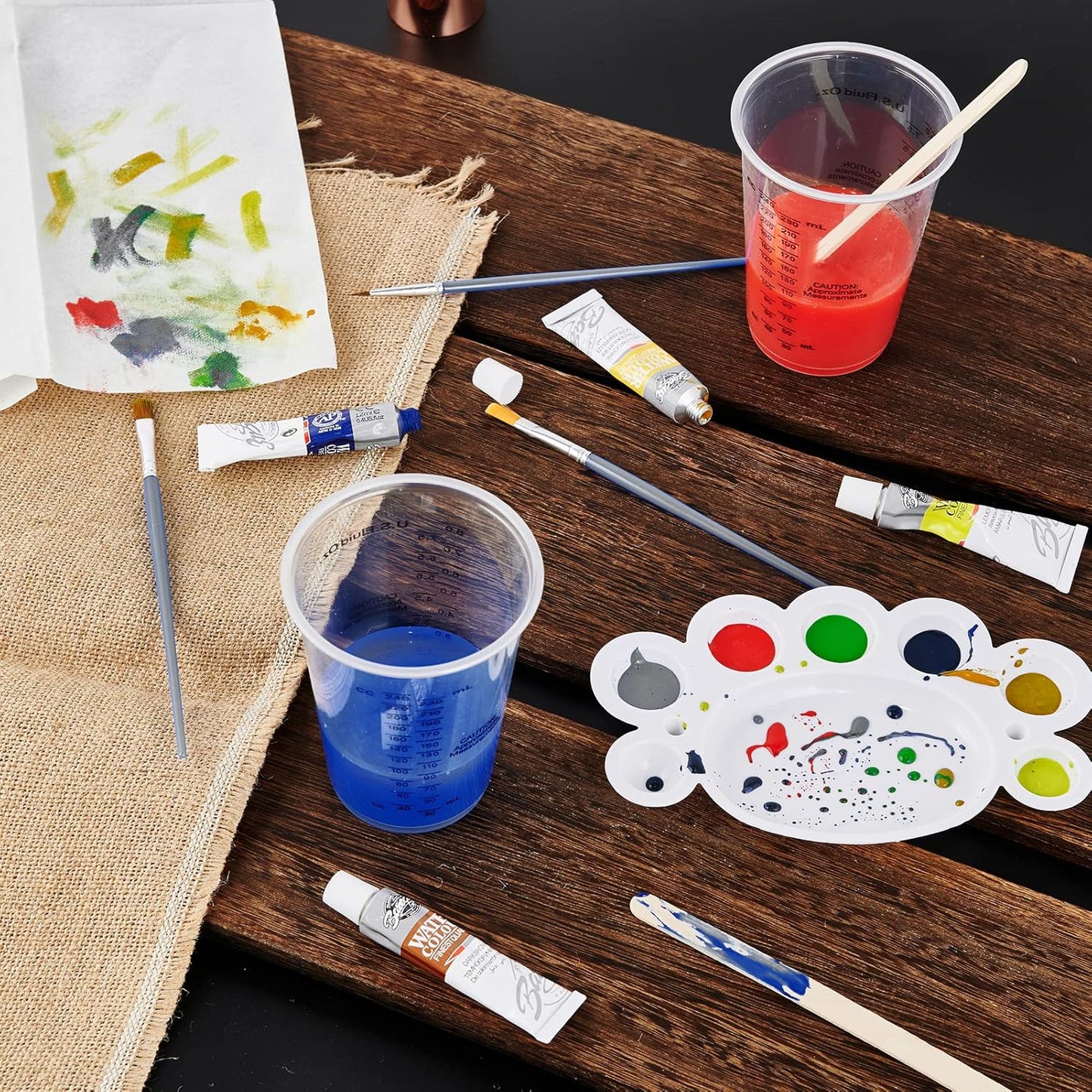 100 PACK Plastic Measuring Cups, 10 oz Disposable Mixing Cups with 100 Wooden Mixing Sticks, Can Be Used for Epoxy Resin, Liquid Measuring, Paint, Cooking and Baking