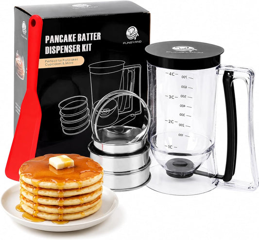 Pancake Batter Dispenser, 4-Cup Set with Muffin Rings & Spatula - Ideal for Pancakes, Cupcakes, Waffles, and Muffins, Easy Squeeze Handle