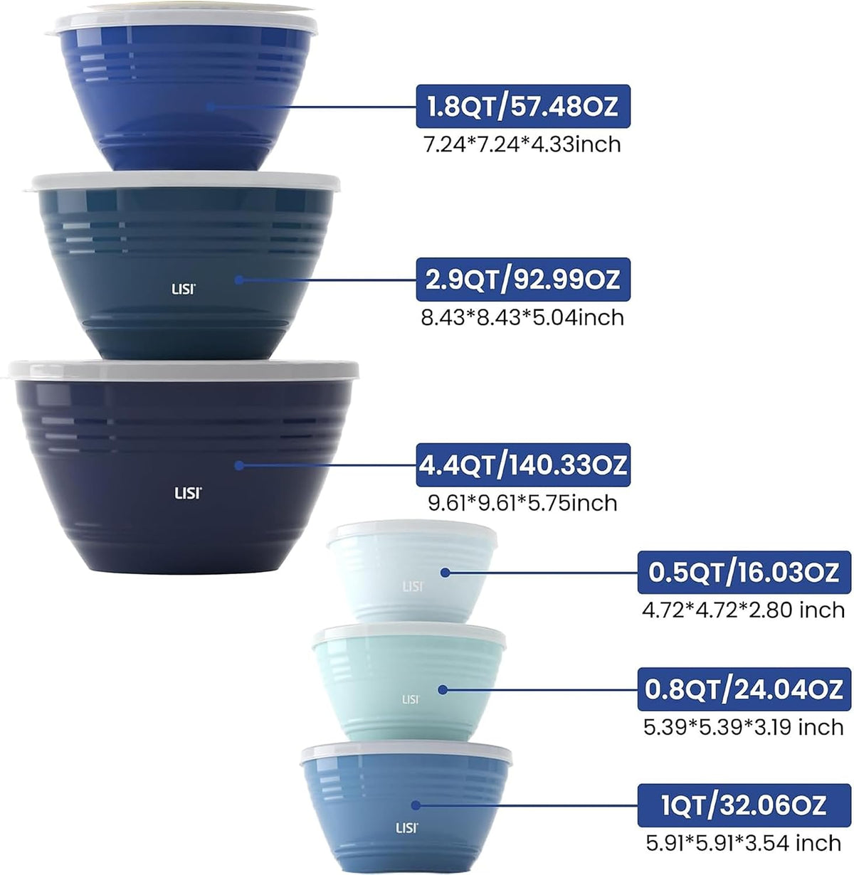 LISI 12-Piece Mixing Bowls Set, 6 Bowls with Clear Lids, Microwave Safe