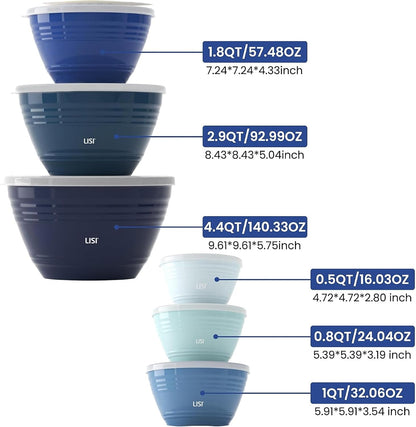 LISI 12-Piece Mixing Bowls Set, 6 Bowls with Clear Lids, Microwave Safe