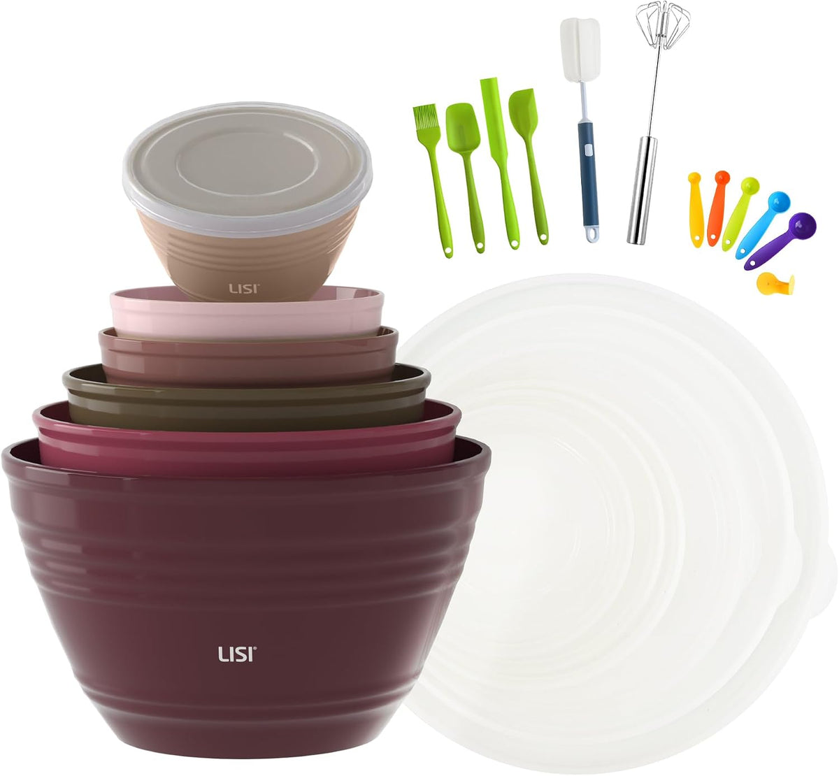 LISI 12-Piece Mixing Bowls Set, 6 Bowls with Clear Lids, Microwave Safe