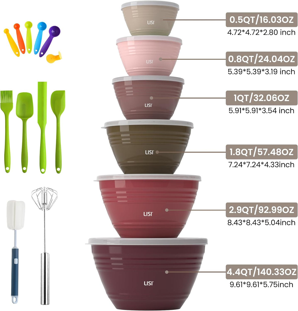 LISI 12-Piece Mixing Bowls Set, 6 Bowls with Clear Lids, Microwave Safe