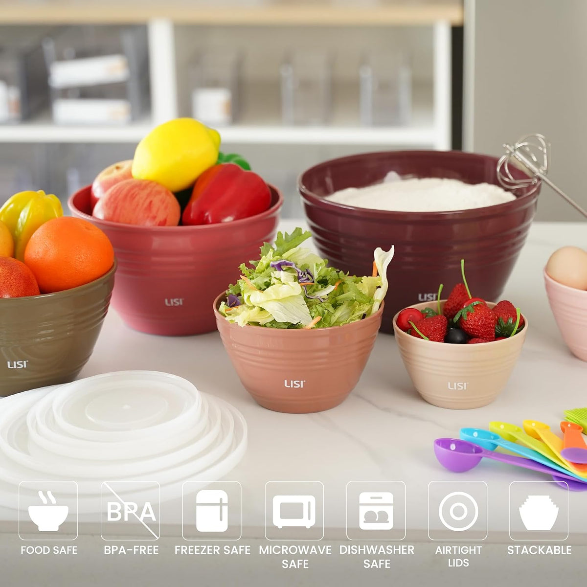 LISI 12-Piece Mixing Bowls Set, 6 Bowls with Clear Lids, Microwave Safe