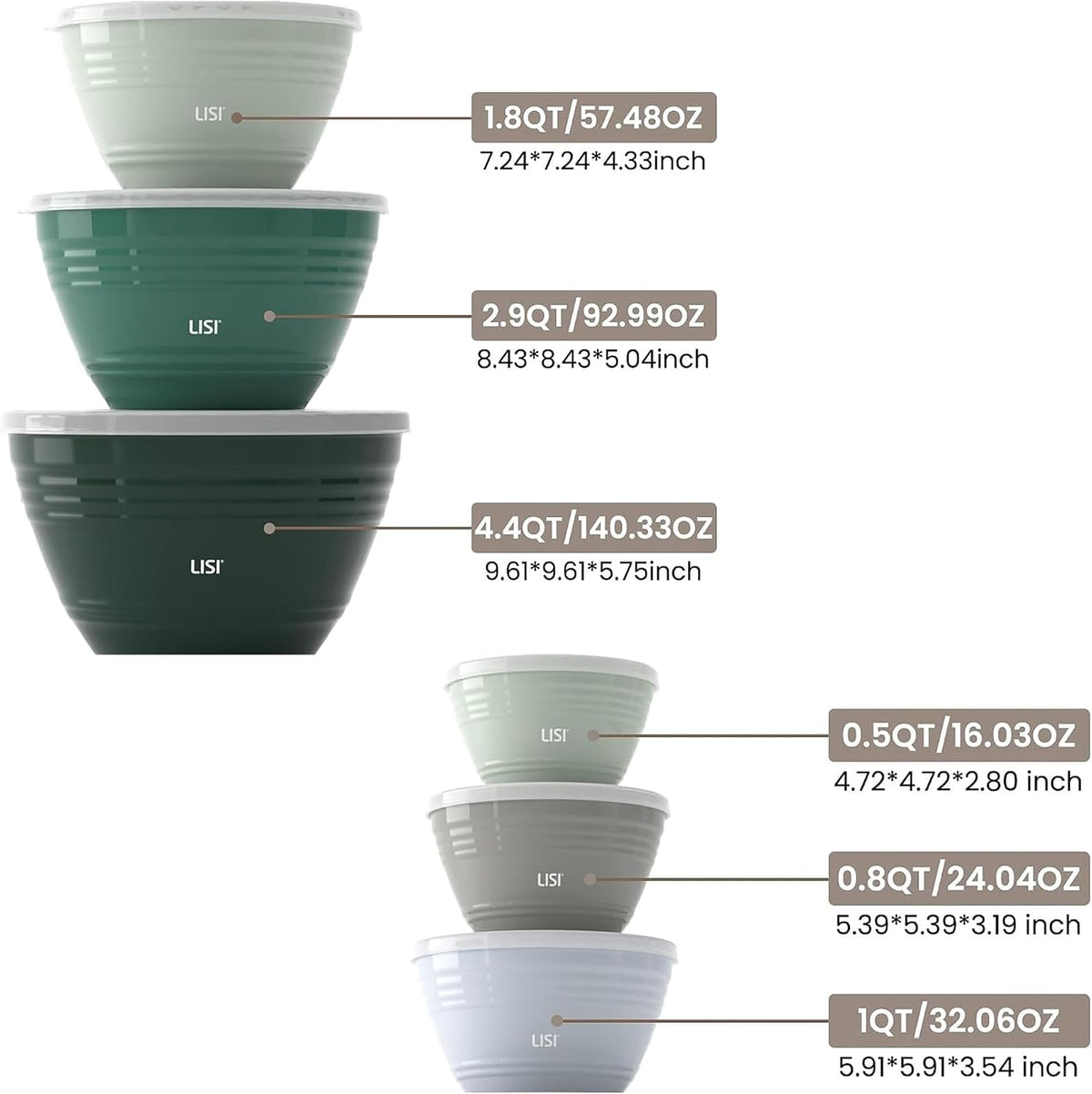 LISI 12-Piece Mixing Bowls Set, 6 Bowls with Clear Lids, Microwave Safe