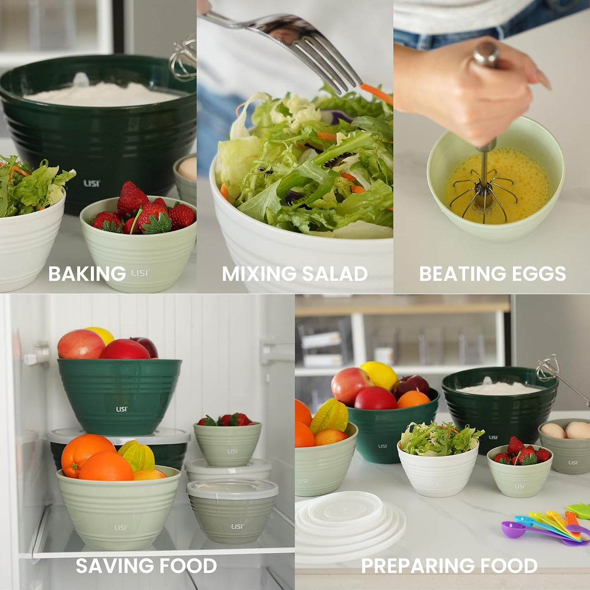 LISI 12-Piece Mixing Bowls Set, 6 Bowls with Clear Lids, Microwave Safe