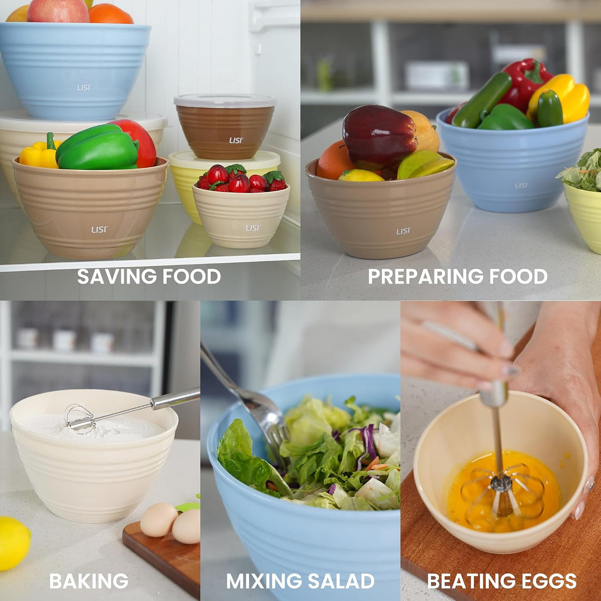 LISI 12-Piece Mixing Bowls Set, 6 Bowls with Clear Lids, Microwave Safe