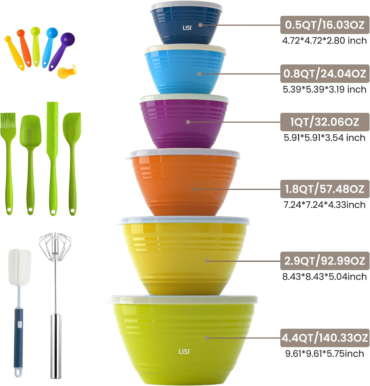 LISI 12-Piece Mixing Bowls Set, 6 Bowls with Clear Lids, Microwave Safe
