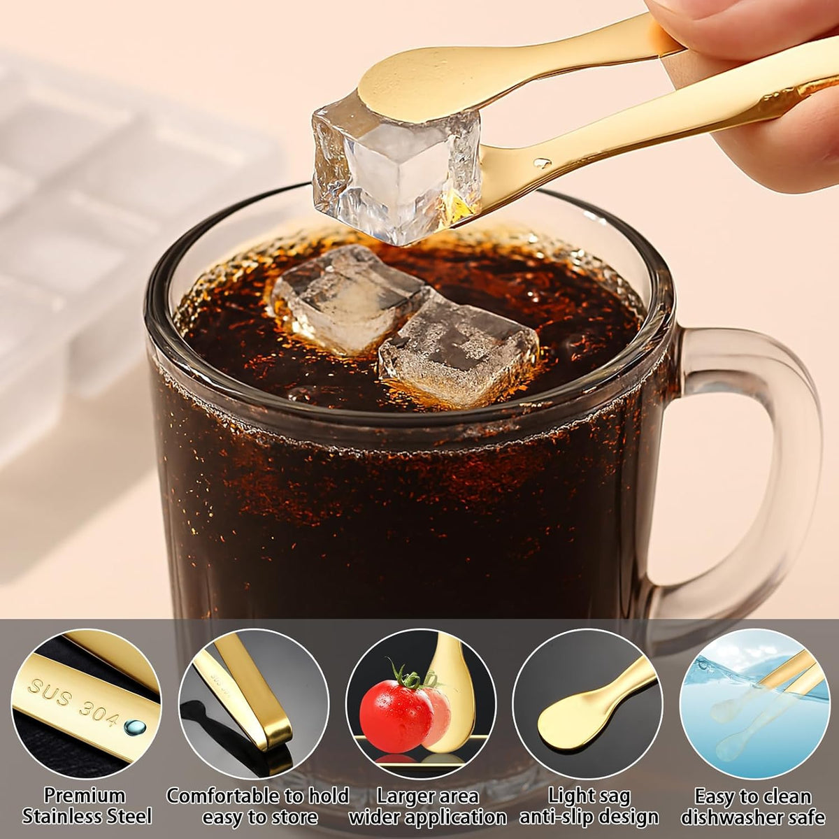 8PCS Gold Mini Metal Tongs,4.3"/11cm,Stainless Steel 304,for Ice Cube,Sugar | Kitchen Accessories for Serving Food, Salad, Toaster, Desserts