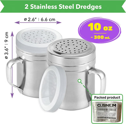 CUSINIUM Metal Salt Pepper Dredge Shakers - With Handle - Seasonings Spice Shakers With Holes and Lids - 10 Ounce, 2pcs | Style: Medium