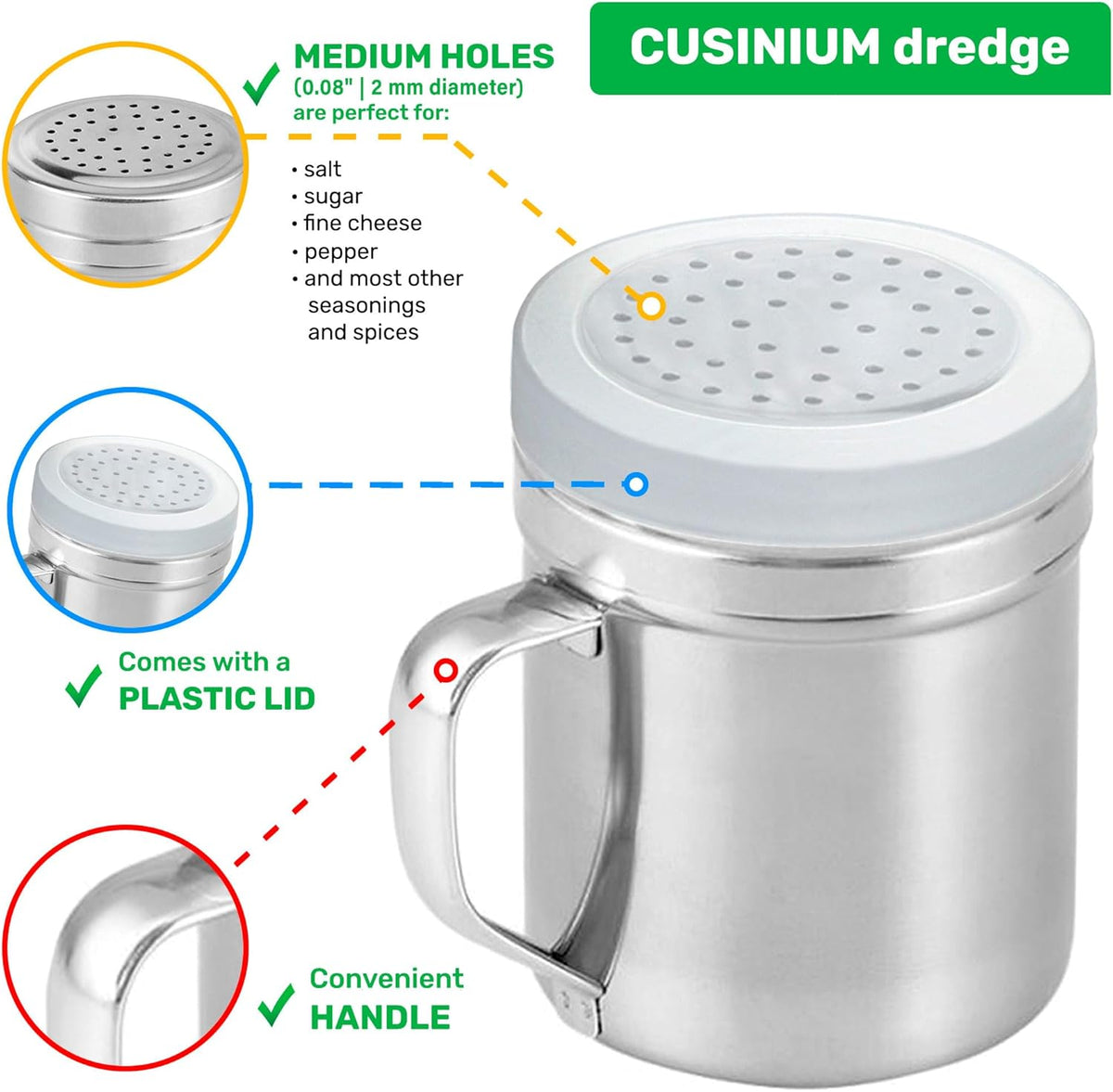 CUSINIUM Metal Salt Pepper Dredge Shakers - With Handle - Seasonings Spice Shakers With Holes and Lids - 10 Ounce, 2pcs | Style: Medium