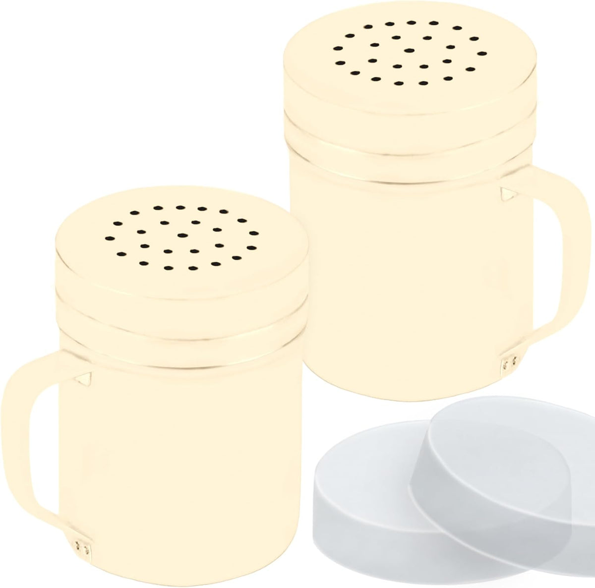 CUSINIUM Metal Salt Pepper Dredge Shakers - With Handle - Seasonings Spice Shakers With Holes and Lids - 10 Ounce, 2pcs | Style: Medium