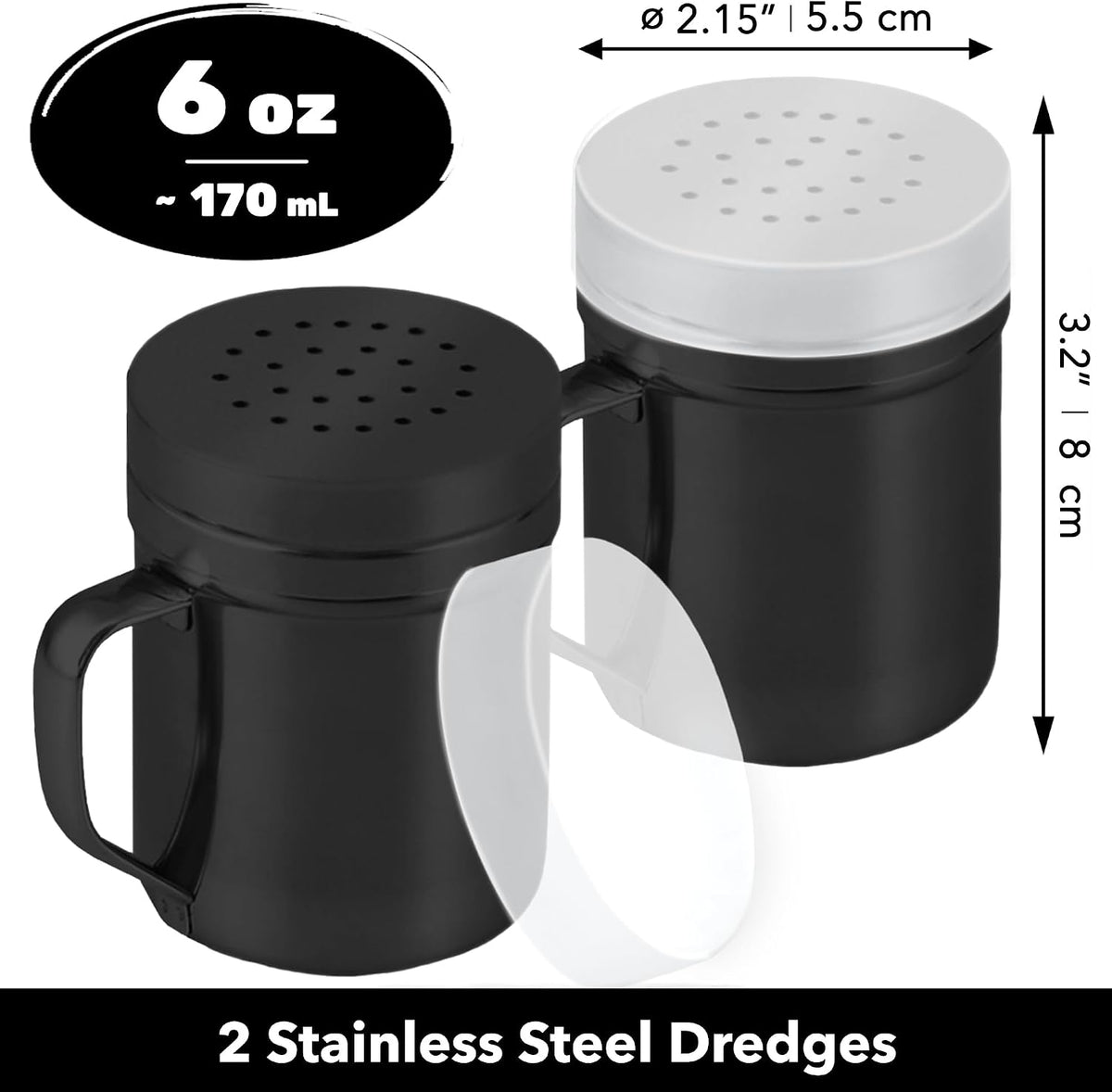 CUSINIUM Metal Salt Pepper Dredge Shakers - With Handle - Seasonings Spice Shakers With Holes and Lids - 10 Ounce, 2pcs | Style: Medium