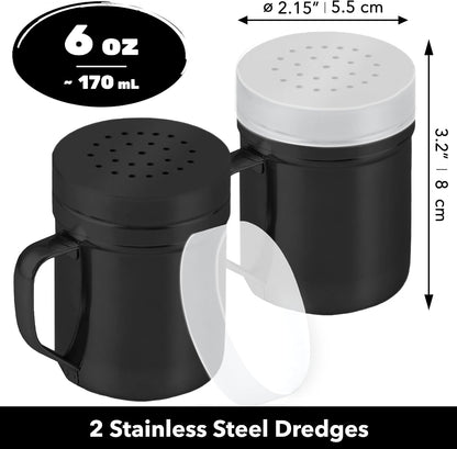 CUSINIUM Metal Salt Pepper Dredge Shakers - With Handle - Seasonings Spice Shakers With Holes and Lids - 10 Ounce, 2pcs | Style: Medium