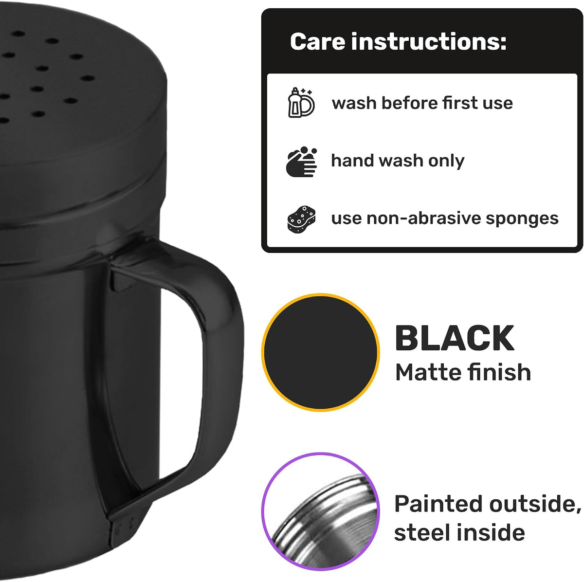 CUSINIUM Metal Salt Pepper Dredge Shakers - With Handle - Seasonings Spice Shakers With Holes and Lids - 10 Ounce, 2pcs | Style: Medium
