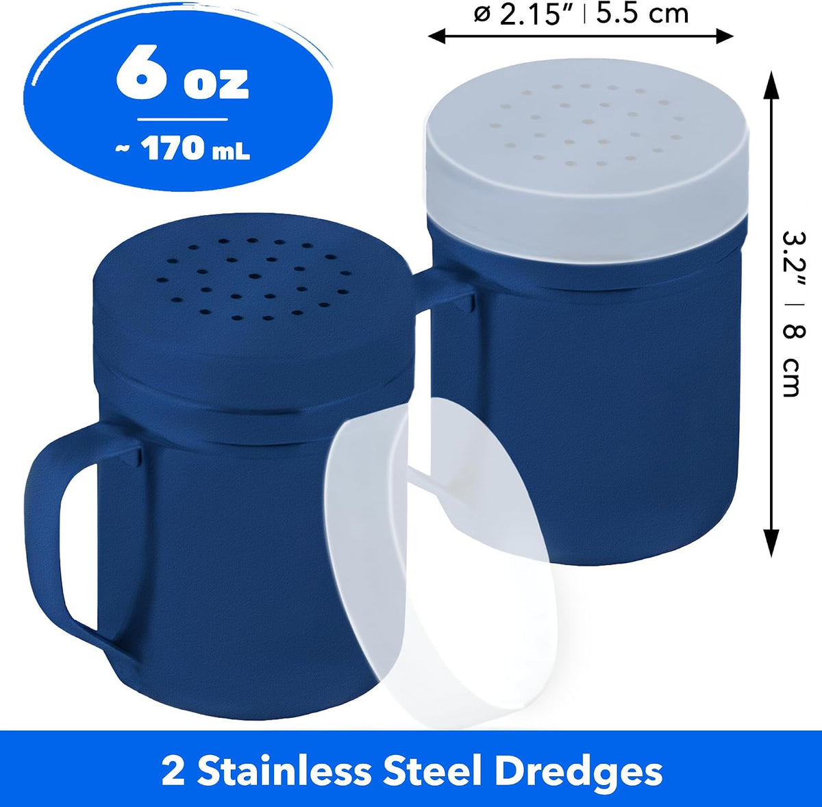 CUSINIUM Metal Salt Pepper Dredge Shakers - With Handle - Seasonings Spice Shakers With Holes and Lids - 10 Ounce, 2pcs | Style: Medium
