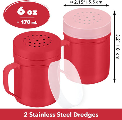 CUSINIUM Metal Salt Pepper Dredge Shakers - With Handle - Seasonings Spice Shakers With Holes and Lids - 10 Ounce, 2pcs | Style: Medium