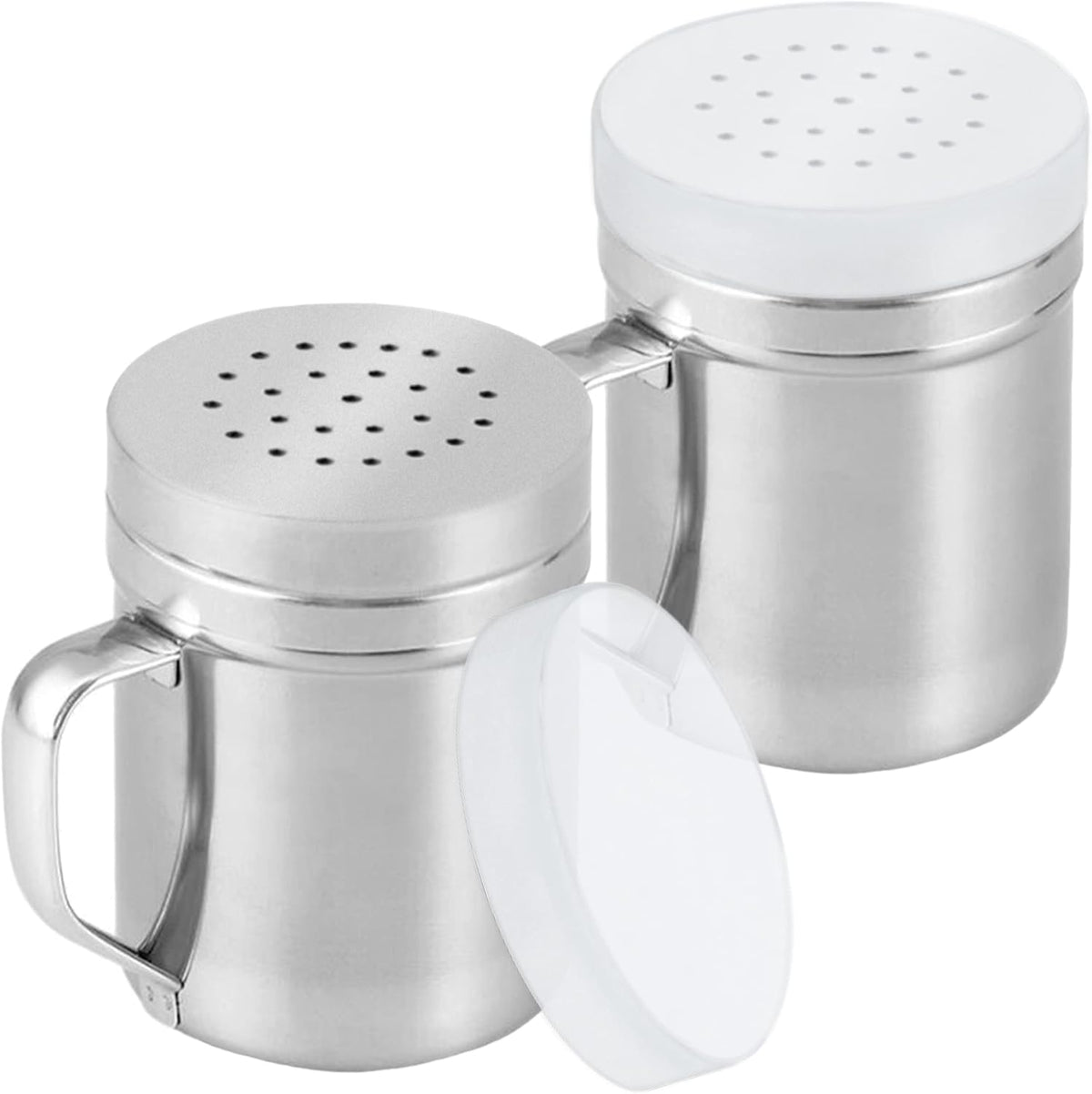 CUSINIUM Metal Salt Pepper Dredge Shakers - With Handle - Seasonings Spice Shakers With Holes and Lids - 10 Ounce, 2pcs | Style: Medium