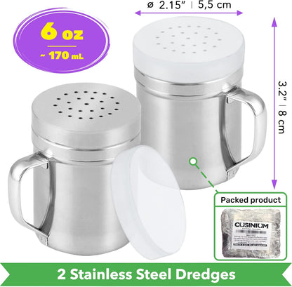 CUSINIUM Metal Salt Pepper Dredge Shakers - With Handle - Seasonings Spice Shakers With Holes and Lids - 10 Ounce, 2pcs | Style: Medium