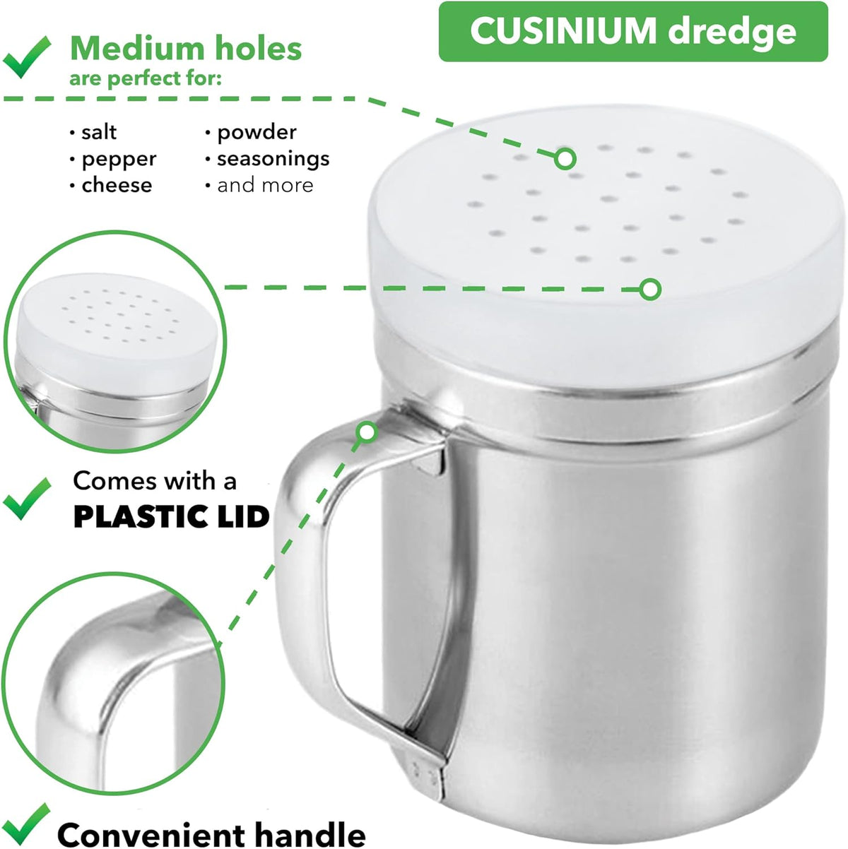 CUSINIUM Metal Salt Pepper Dredge Shakers - With Handle - Seasonings Spice Shakers With Holes and Lids - 10 Ounce, 2pcs | Style: Medium