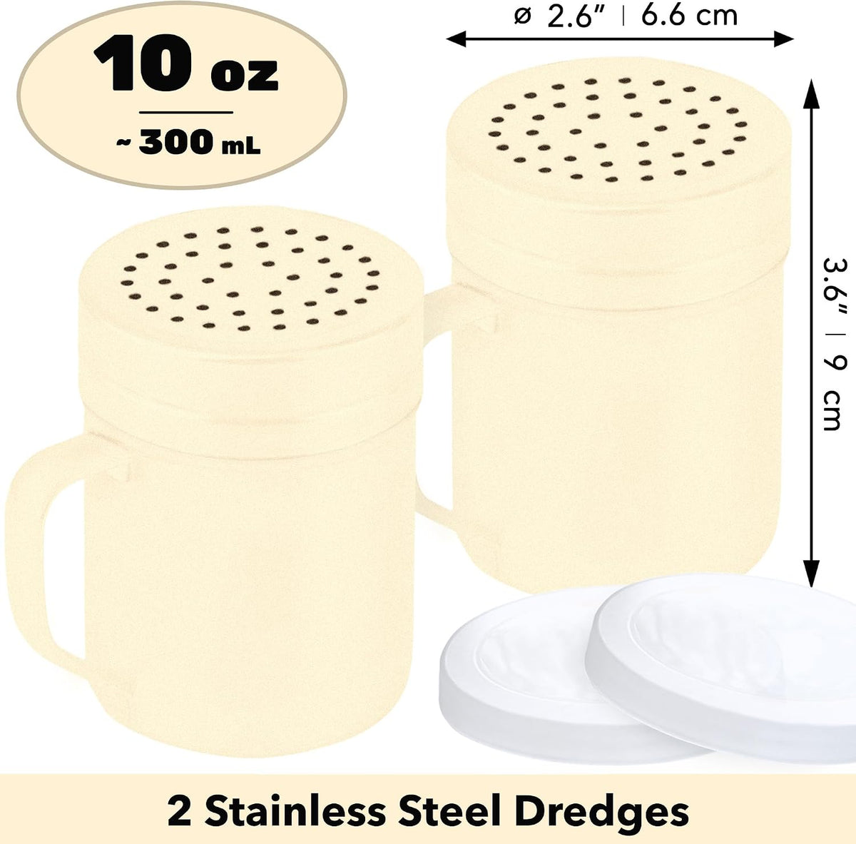 CUSINIUM Metal Salt Pepper Dredge Shakers - With Handle - Seasonings Spice Shakers With Holes and Lids - 10 Ounce, 2pcs | Style: Medium