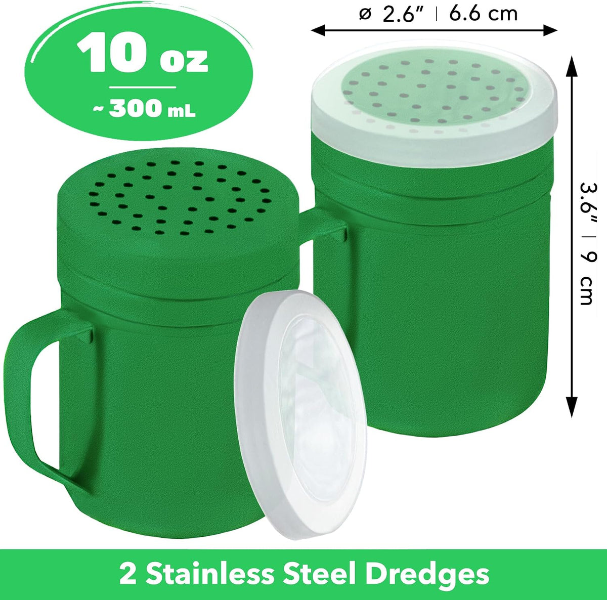 CUSINIUM Metal Salt Pepper Dredge Shakers - With Handle - Seasonings Spice Shakers With Holes and Lids - 10 Ounce, 2pcs | Style: Medium