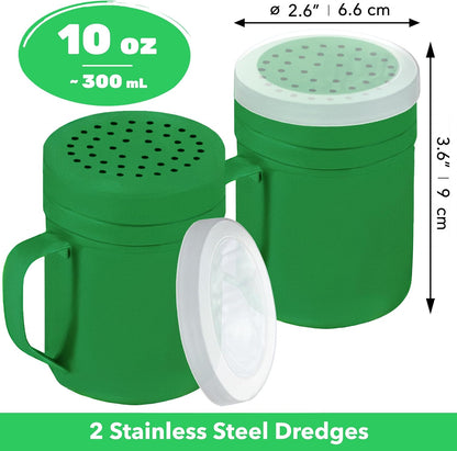 CUSINIUM Metal Salt Pepper Dredge Shakers - With Handle - Seasonings Spice Shakers With Holes and Lids - 10 Ounce, 2pcs | Style: Medium