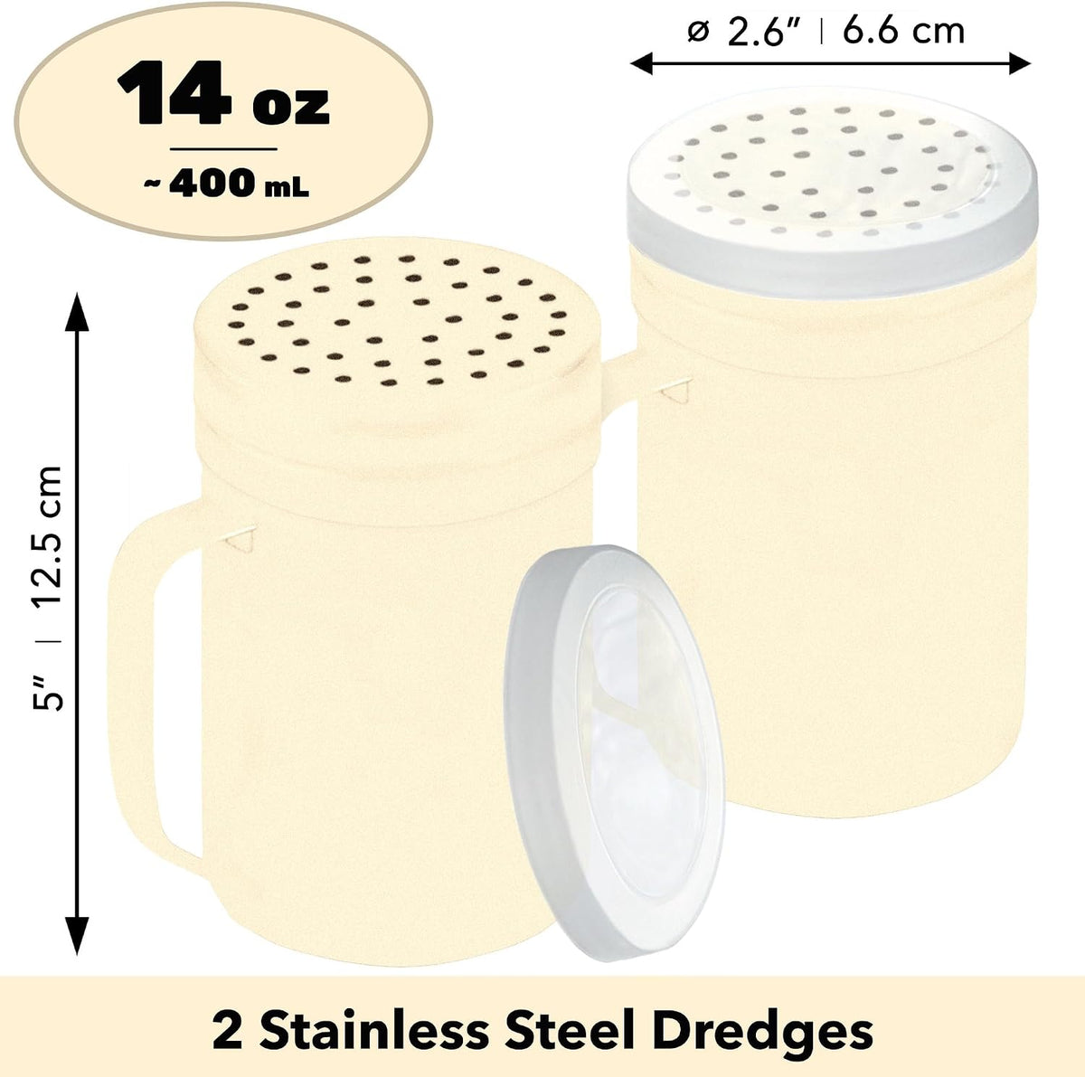 CUSINIUM Metal Salt Pepper Dredge Shakers - With Handle - Seasonings Spice Shakers With Holes and Lids - 10 Ounce, 2pcs | Style: Medium